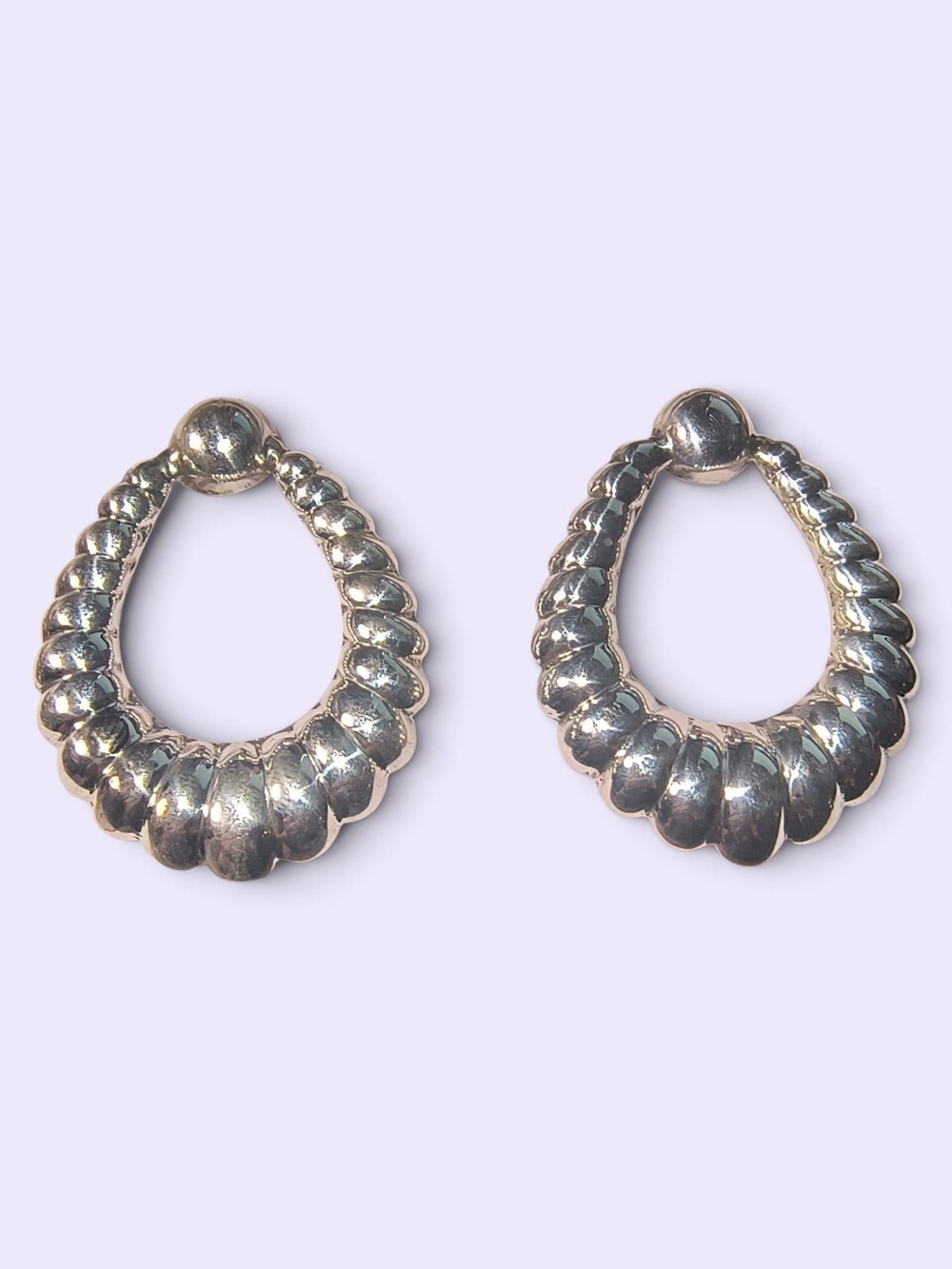 Sterling Silver Puffy Ridged Teardrop Hoop Earrings With Posts